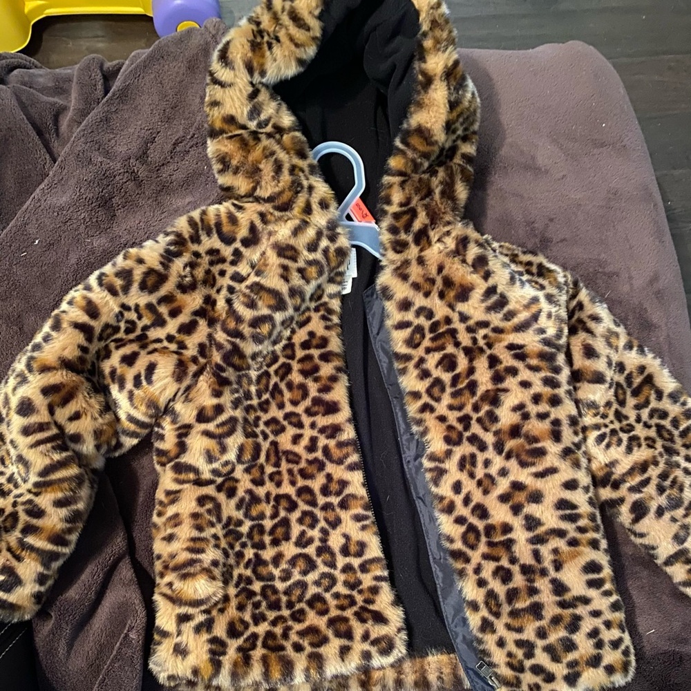 GAP Brown Leopard Print Faux Fur Hooded Jacket